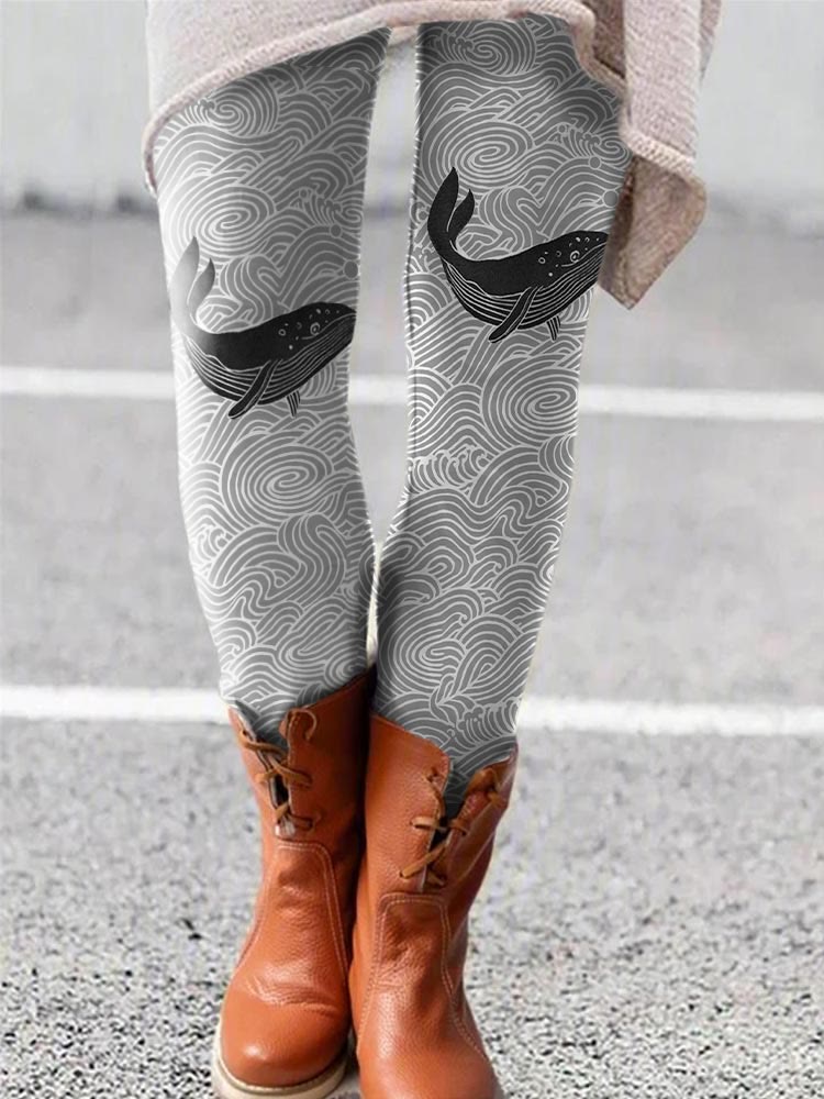 Whale & Waves Lino Art Print Casual Leggings