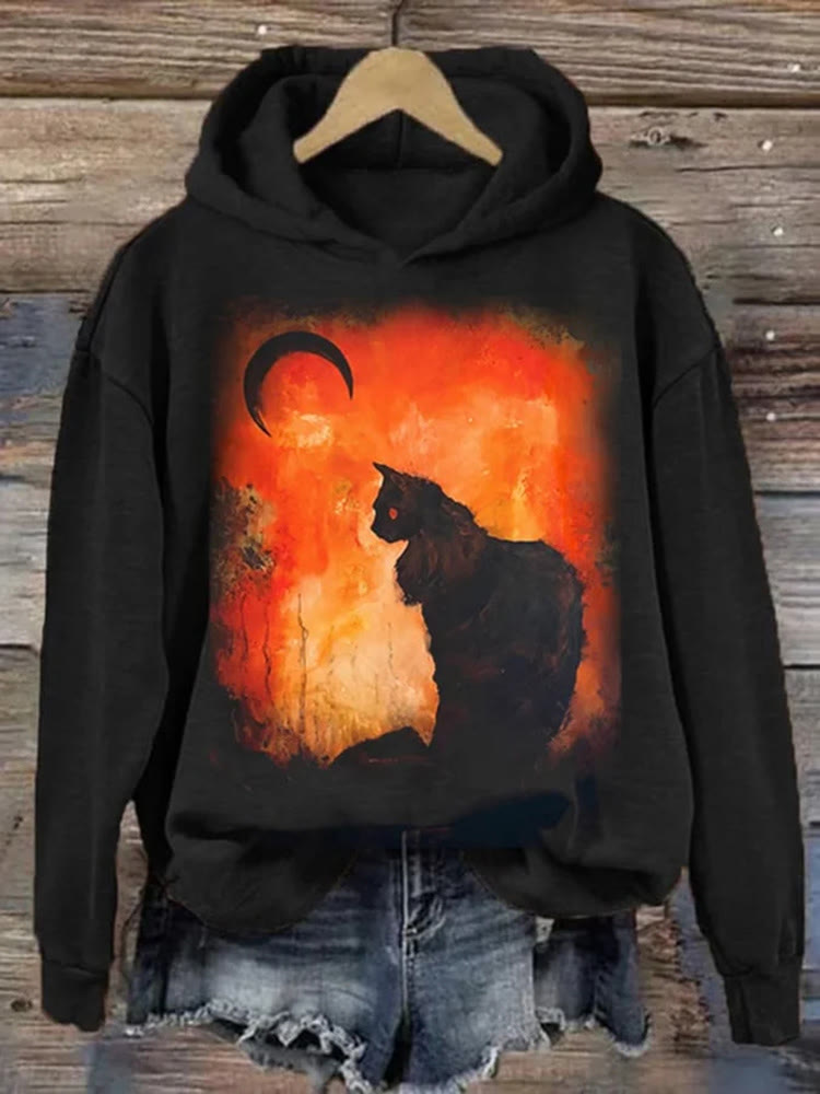 Casual Loose Art Cat Print Hoodie