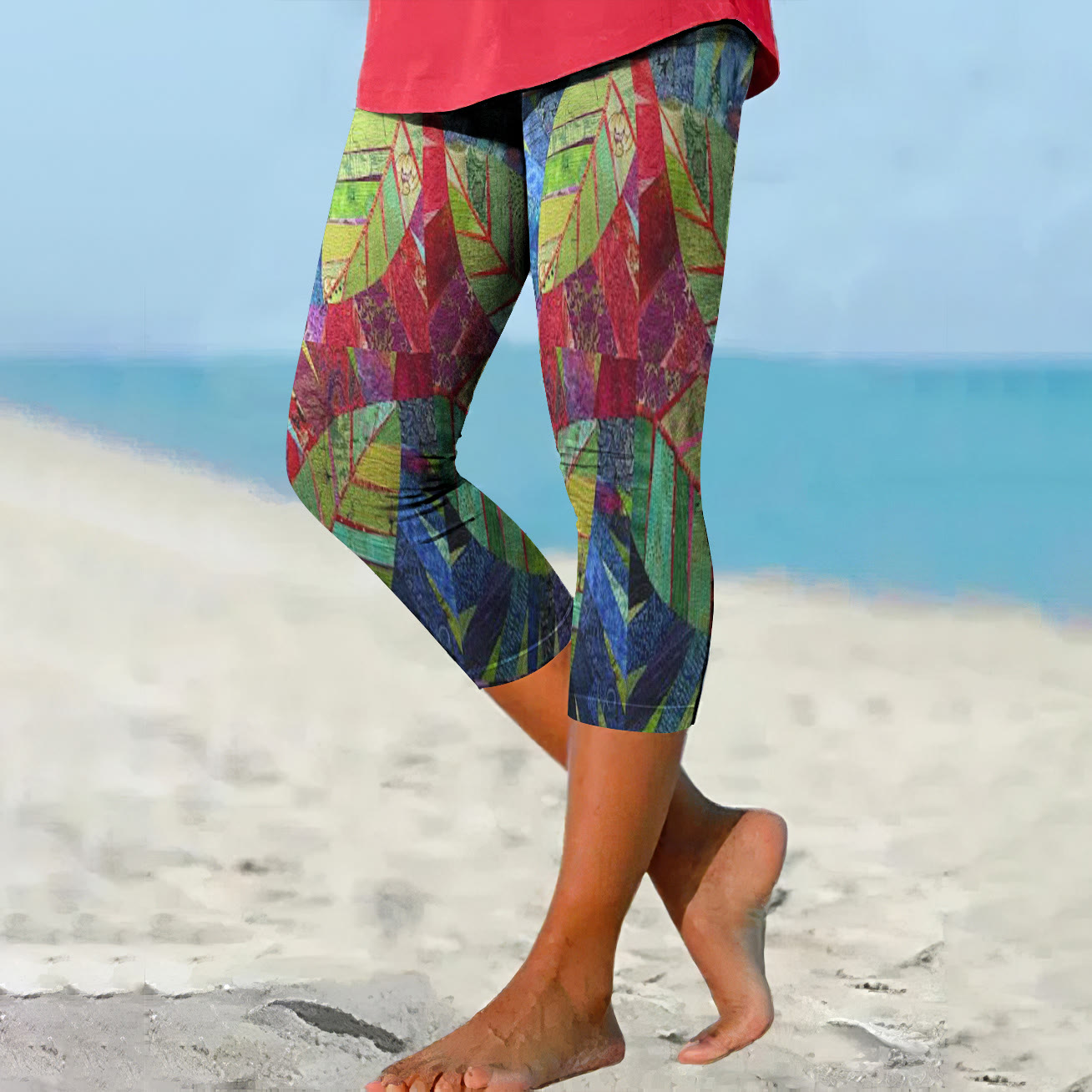 Women's Multicolor Leaf Print Casual Capri Leggings