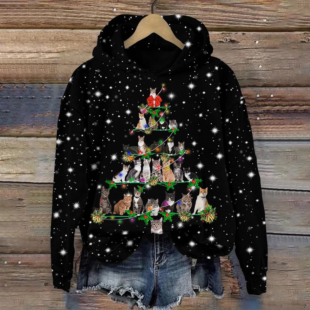 Women's Cute Kitten Christmas Tree Print Hoodie