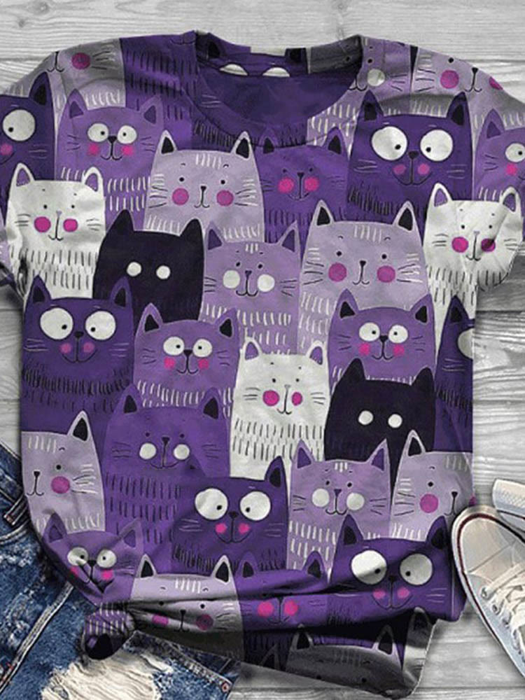 Women Cat Printed O-neck T-shirt