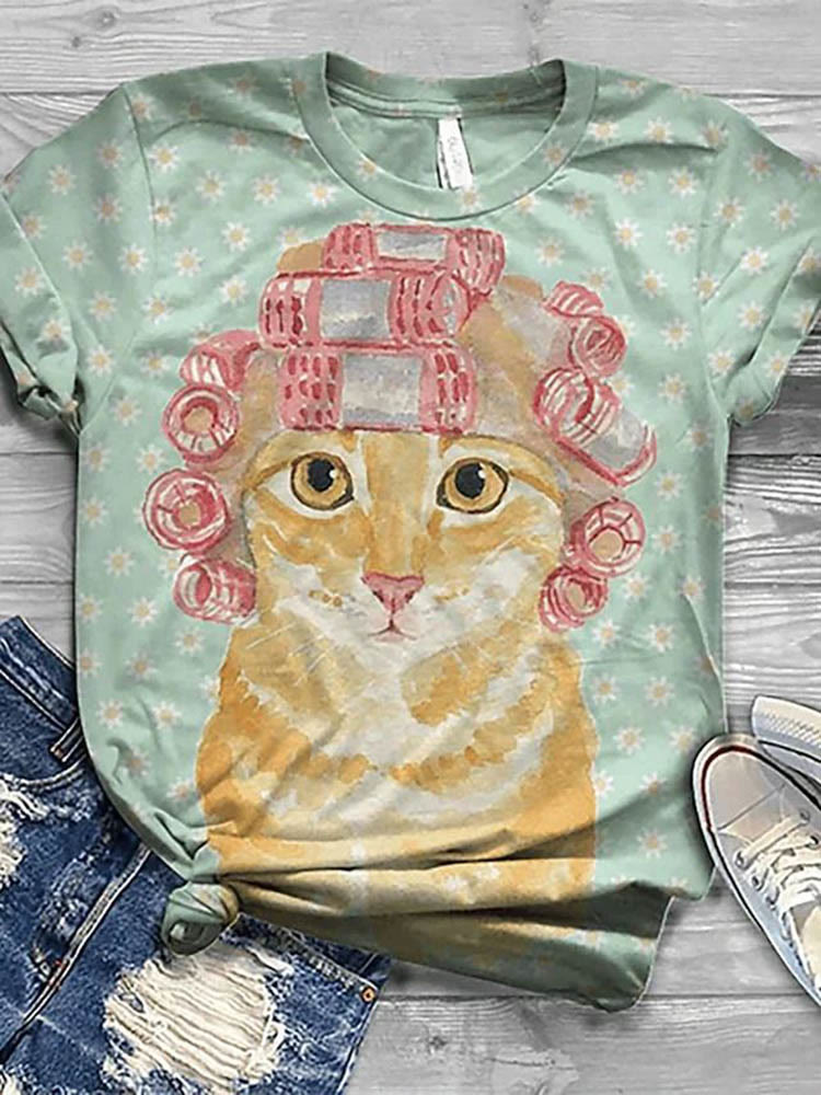 Women's Funny Curly Kitten Print Casual T-shirt