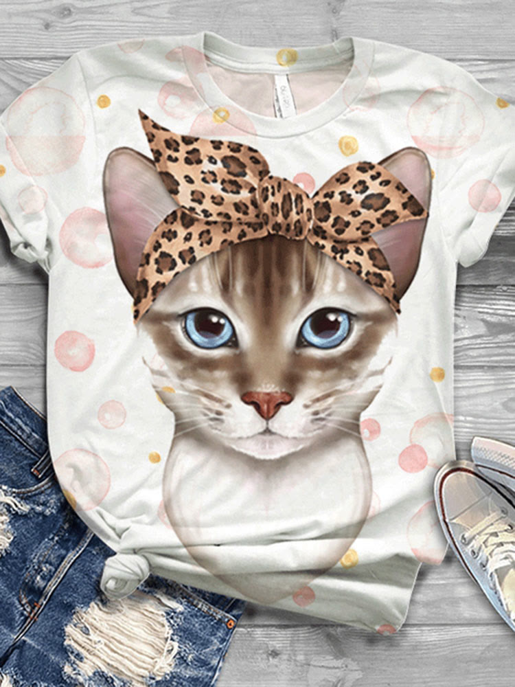 Cute Kitten Print Short Sleeve Casual O-neck T-shirt