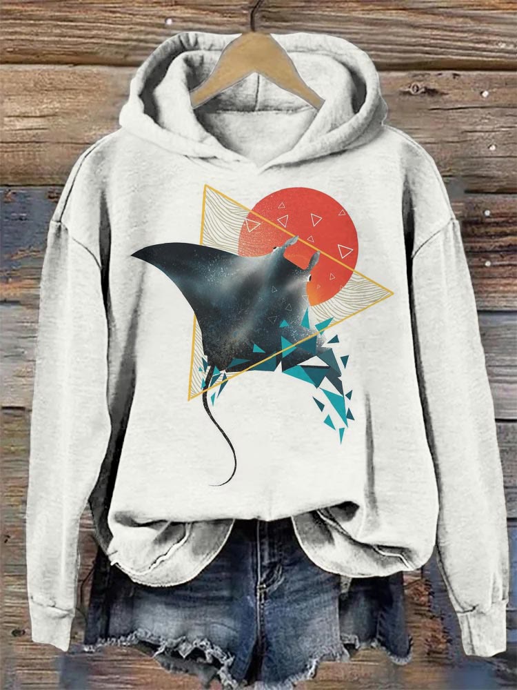 Spotted Eagle Rays Geometric Red Sun Print Hoodie