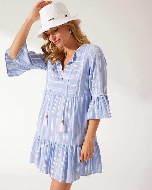 Beachy Stripe Split-Neck Tiered Dress