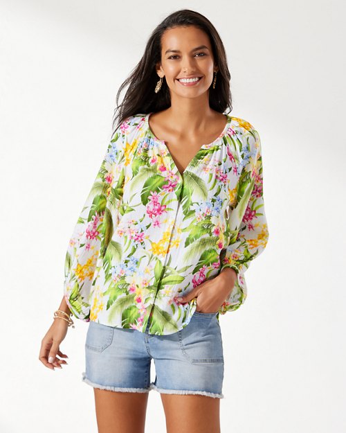 Breezy Blooms Island Gauze -Sleeve Peasant Top
