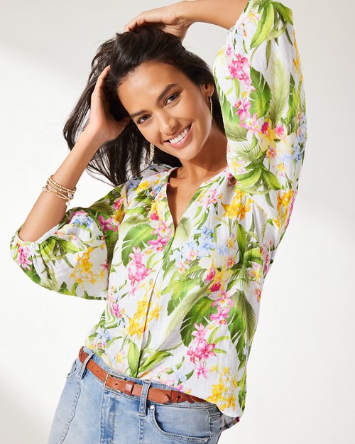 Breezy Blooms Island Gauze -Sleeve Peasant Top