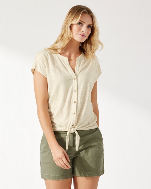 Linnea V-Neck Tie-Front Linen Camp Shirt