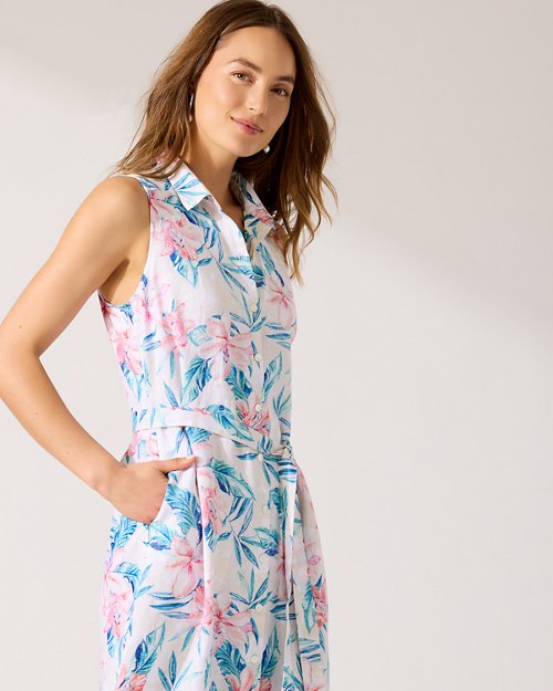 Two Palms Breeze Beach Blooms Linen Shirt Dress