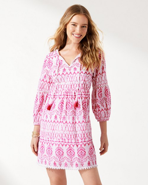 Ikat Tropics Cotton-Voile Split-Neck Dress