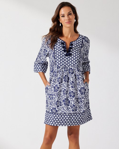 Riviera Sol Hibiscus Split-Neck Dress