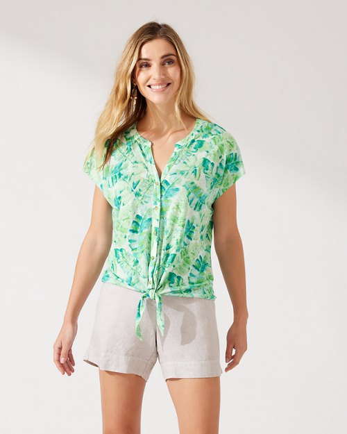 Linnea Jungle Grove Linen Tie-Front Camp Shirt