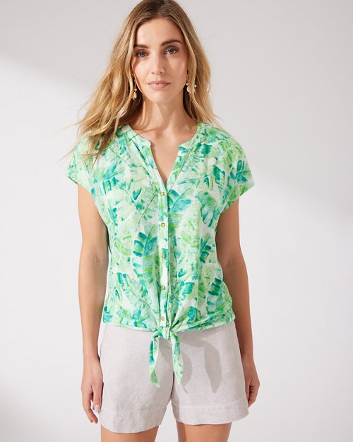 Linnea Jungle Grove Linen Tie-Front Camp Shirt