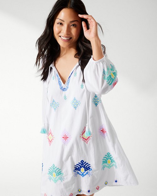 Watercolor Cotton-Voile Embroidered Split-Neck Dress