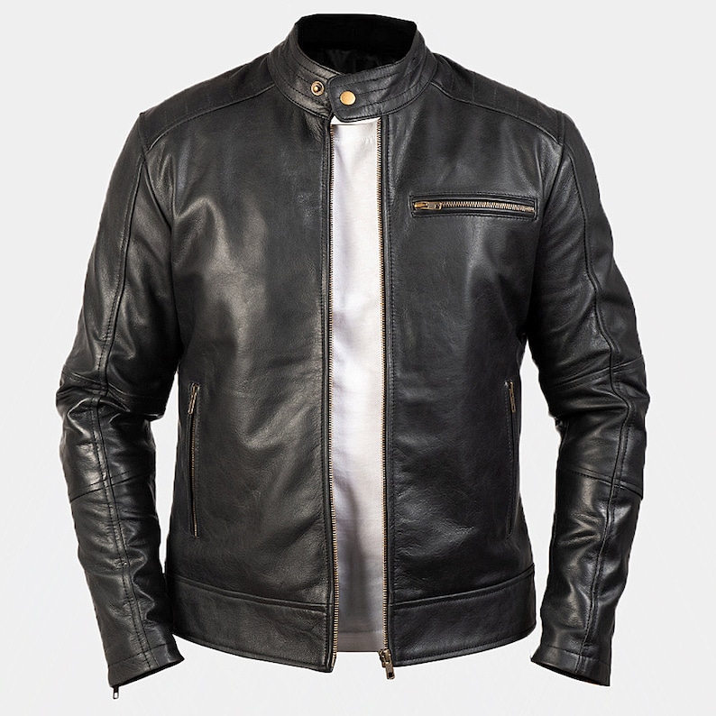Black Leather Motorcycle Jacket With Snap Button And Zipper Closure Black Leather Moto Jacket Cafe Racer Biker Jacket Black Motorbike Jacket