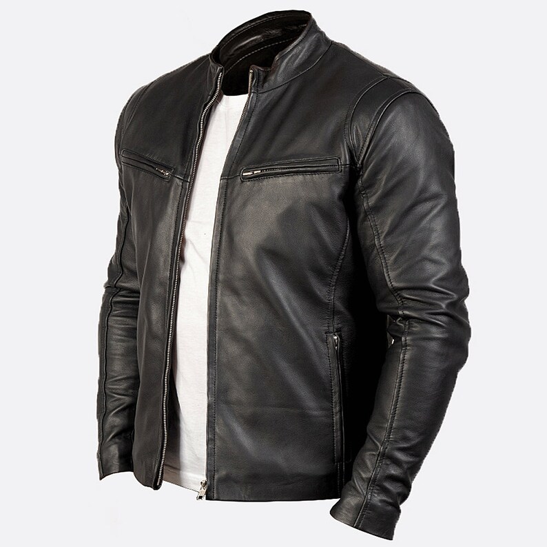 Genuine Sheepskin Black Motorbike Jacket Mens Black Leather Motorcycle Jacket Cafe Racer Leather Jacket Mens Black Leather Moto Jacket Mens