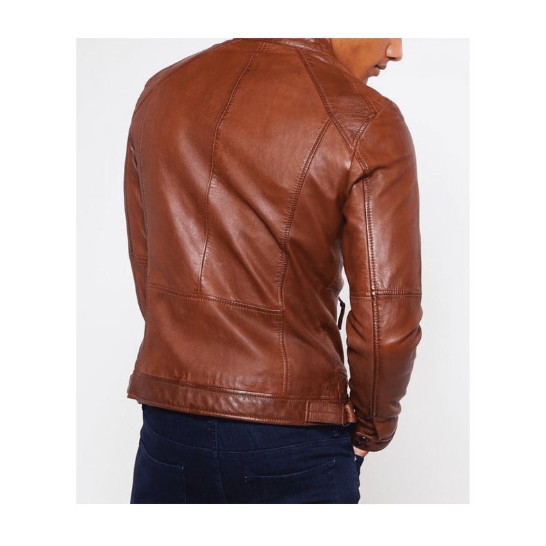 Brown Leather Moto Jacket With Waist Adjustment Tabs Mens Brown Leather Cafe Racer Jacket Brown Leather Biker Jacket Brown Motorcycle Jacket