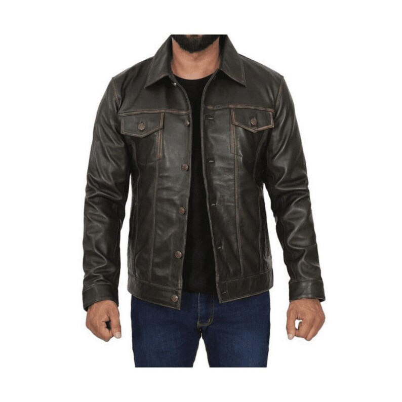 Trucker Black Leather Biker Jacket Mens With Flap Pockets Mens Trucker Jacket Black Biker Leather Jacket Black Mens Waxed Motorcycle Jacket