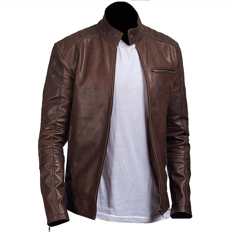 Brown Leather Moto Jacket With Band Collar Mens Biker Leather Jacket Brown Waxed Motorcycle Jacket Brown Leather Motorcycle Jacket For Men