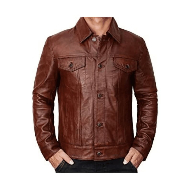 Trucker Brown Leather Biker Jacket Mens With Shirt Collar Brown Leather Motorcycle Jacket Mens Trucker Jacket Brown Cafe Racer Jacket Mens