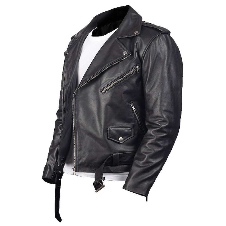Black Leather Motorcycle Jacket Mens With Notched Lapels And Waist Belt Mens Black Leather Biker Jacket Double Rider Leather Jacket For Men