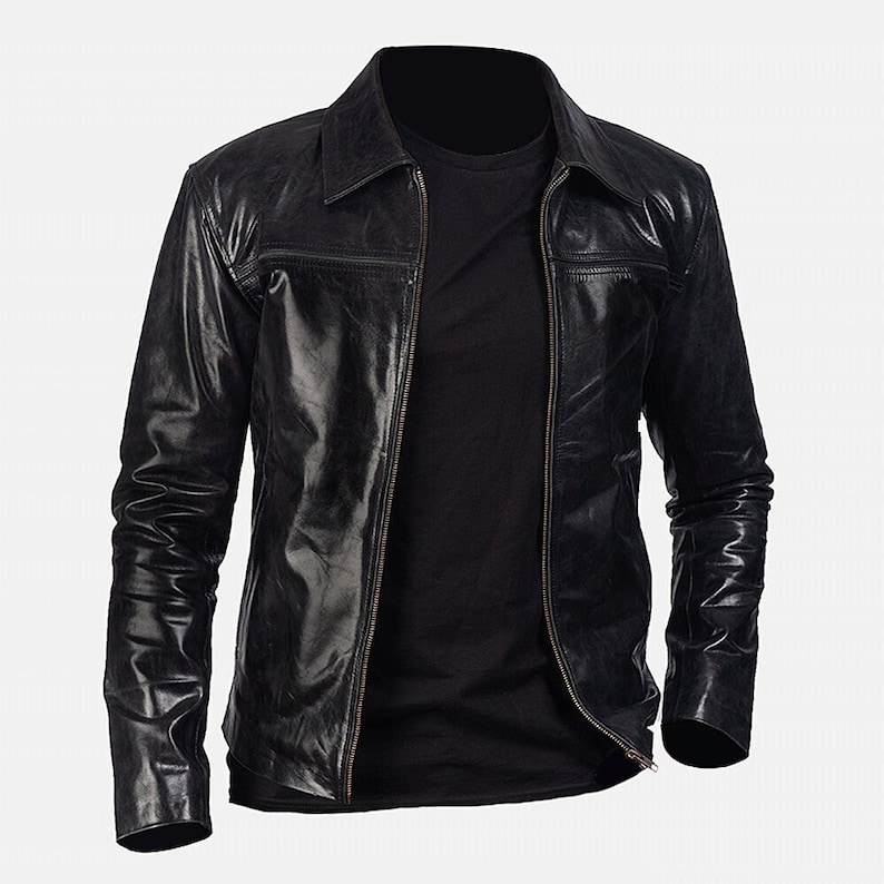 Black Leather Riding Jacket Mens With Shirt Collar And Two Welt Pockets Black Leather Motorcycle Jacket Black Leather Biker Jacket For Men