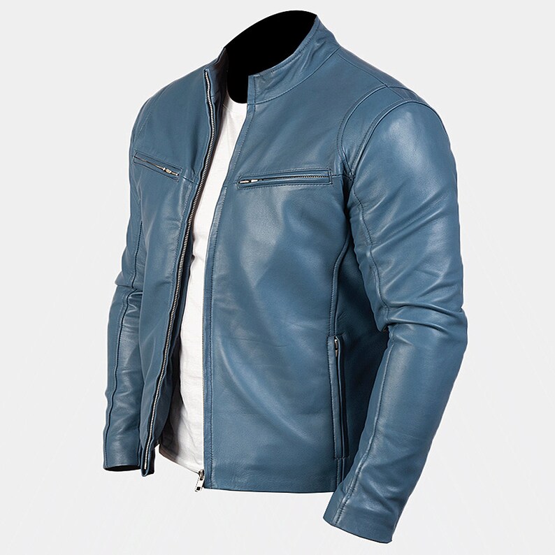 Blue Leather Biker Jacket Mens With Four Zipper Pockets Blue Leather Motorcycle Jacket Blue Leather Moto Jacket Cafe Racer Leather Jacket