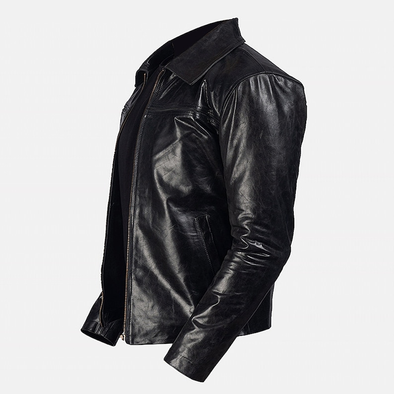 Black Leather Riding Jacket Mens With Shirt Collar And Two Welt Pockets Black Leather Motorcycle Jacket Black Leather Biker Jacket For Men