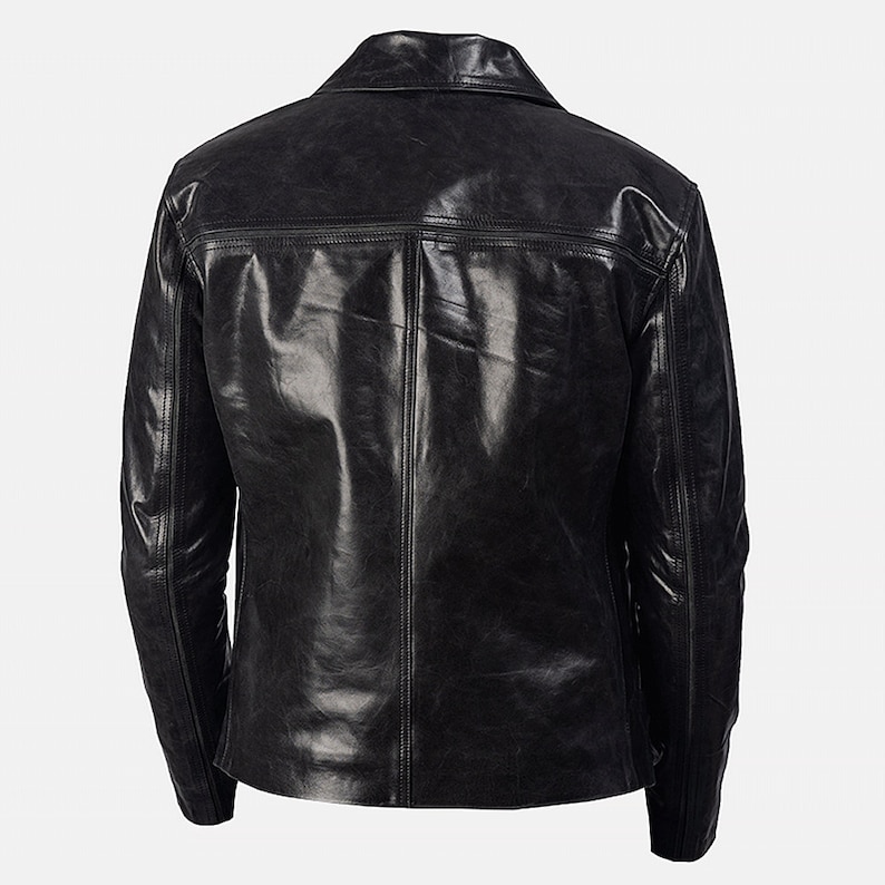 Black Leather Riding Jacket Mens With Shirt Collar And Two Welt Pockets Black Leather Motorcycle Jacket Black Leather Biker Jacket For Men