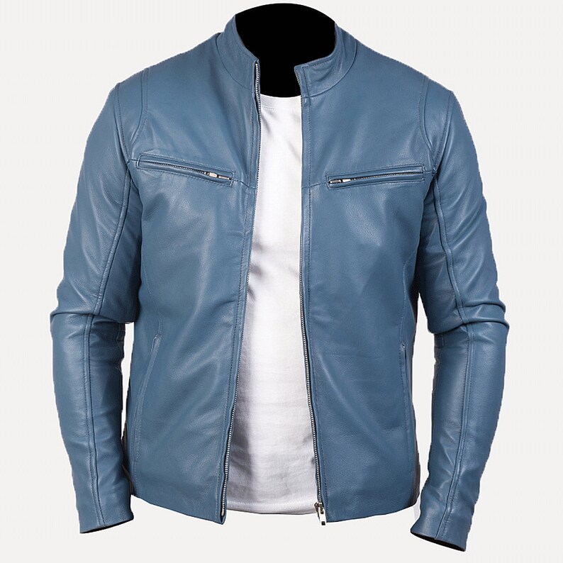 Blue Leather Biker Jacket Mens With Four Zipper Pockets Blue Leather Motorcycle Jacket Blue Leather Moto Jacket Cafe Racer Leather Jacket