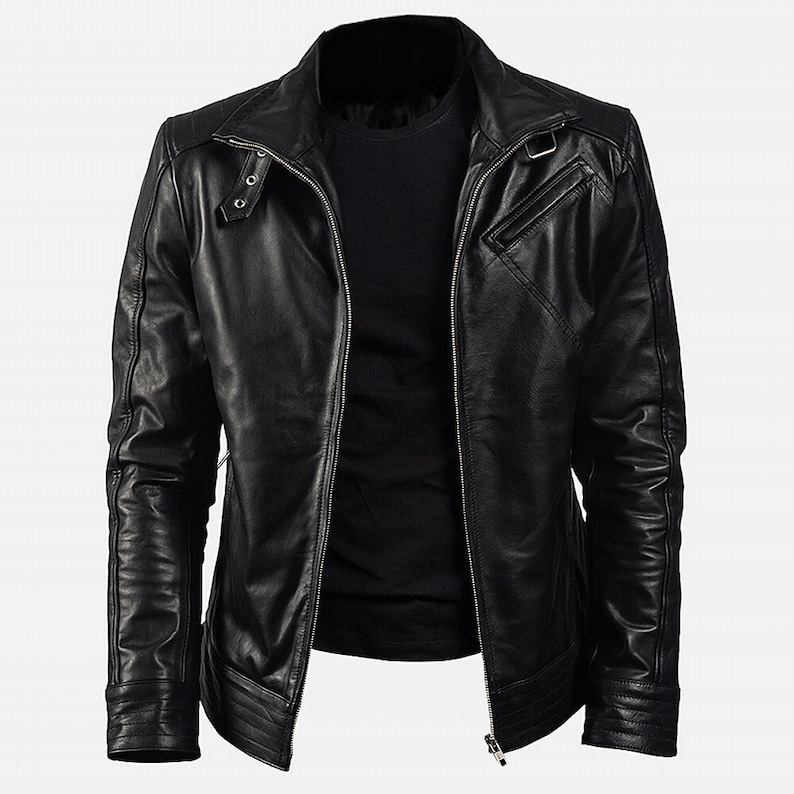 Black Biker Leather Jacket With Diagonal Chest Pocket Mens Leather Cafe Racer Jacket Motorcycle Leather Jacket Black Cafe Racer Biker Jacket