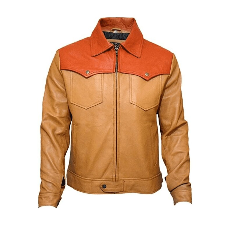 Orange And Brown Leather Motorcycle Jacket Mens With Four Front Pockets Brown Leather Cafe Racer Jacket Brown Mens Biker Jacket Leather Mens