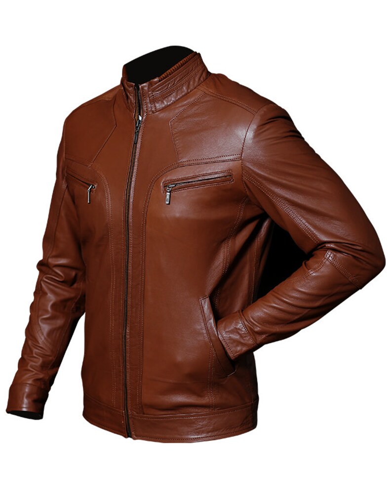 Brown Leather Cafe Racer Jacket With Panel Stitching Mens Brown Leather Motorcycle Jacket Brown Leather Jacket Biker Brown Motorcycle Jacket