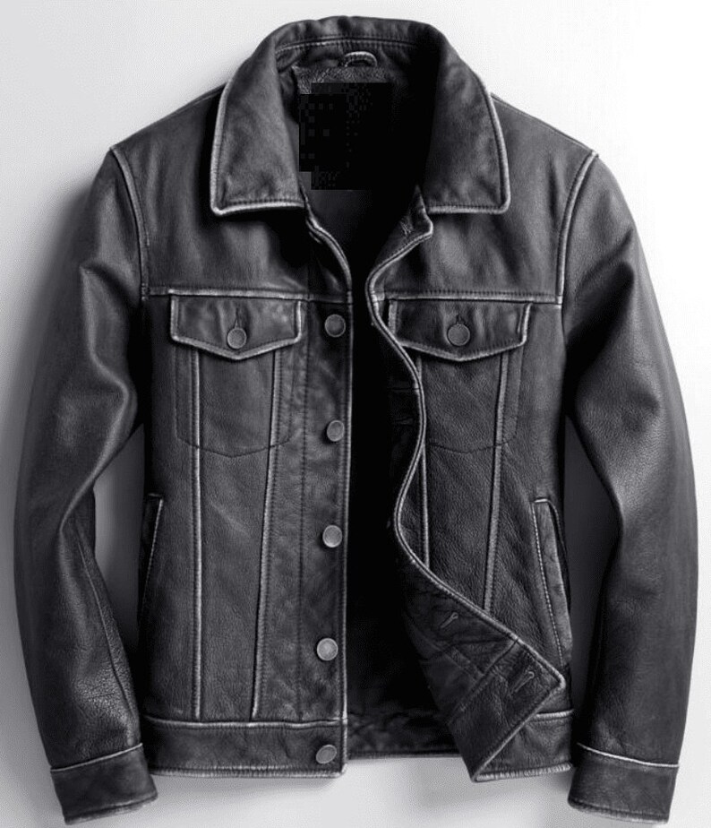 Trucker Mens Biker Jacket With Button Closure Black Leather Motorcycle Jacket Mens Trucker Jacket Black Mens Black Leather Cafe Racer Jacket