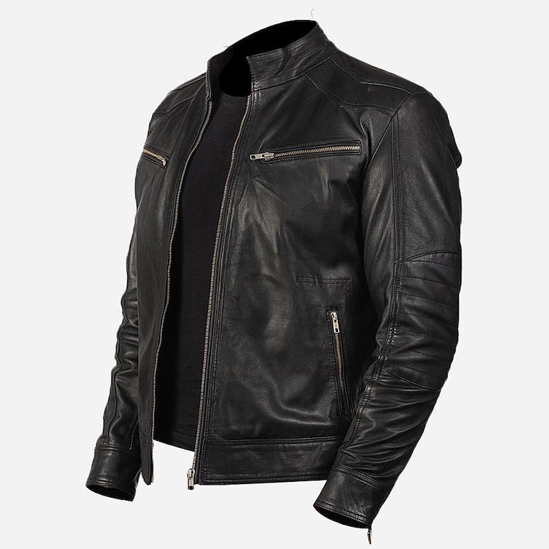 Black Leather Motorcycle Jacket For Men With Zipper Cuffs Black Leather Moto Jacket Cafe Racer Leather Jacket Mens Black Motorbike Jacket