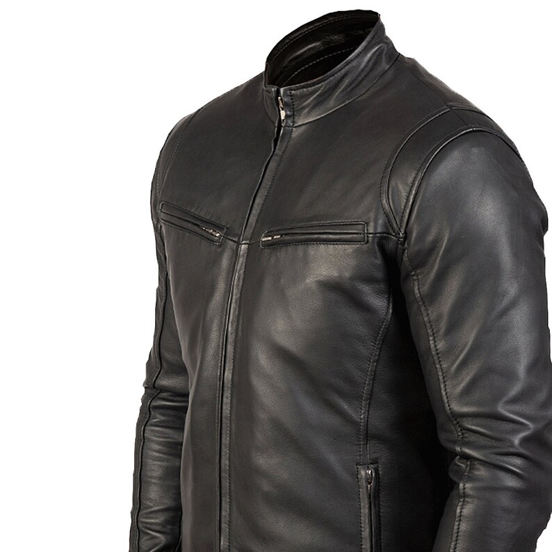 Genuine Sheepskin Black Motorbike Jacket Mens Black Leather Motorcycle Jacket Cafe Racer Leather Jacket Mens Black Leather Moto Jacket Mens