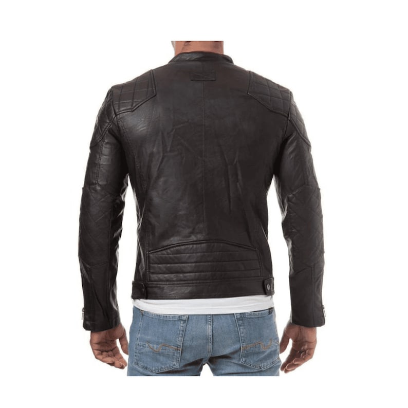 Black Leather Mens Motorcycle Jacket With Checked Padded Shoulders Black Leather Biker Jacket For Men Leather Black Motorcycle Jacket