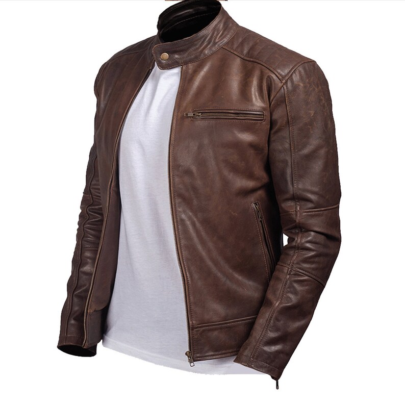 Brown Leather Moto Jacket With Band Collar Mens Biker Leather Jacket Brown Waxed Motorcycle Jacket Brown Leather Motorcycle Jacket For Men