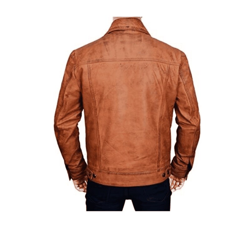 Brown Leather Motorbike Jacket With Button Closure Mens Trucker Jacket Brown Biker Leather Jacket Brown Waxed Motorcycle Jacket Cafe Racer