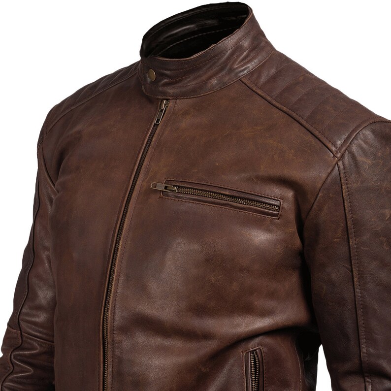 Brown Leather Moto Jacket With Band Collar Mens Biker Leather Jacket Brown Waxed Motorcycle Jacket Brown Leather Motorcycle Jacket For Men