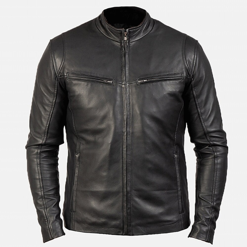 Genuine Sheepskin Black Motorbike Jacket Mens Black Leather Motorcycle Jacket Cafe Racer Leather Jacket Mens Black Leather Moto Jacket Mens