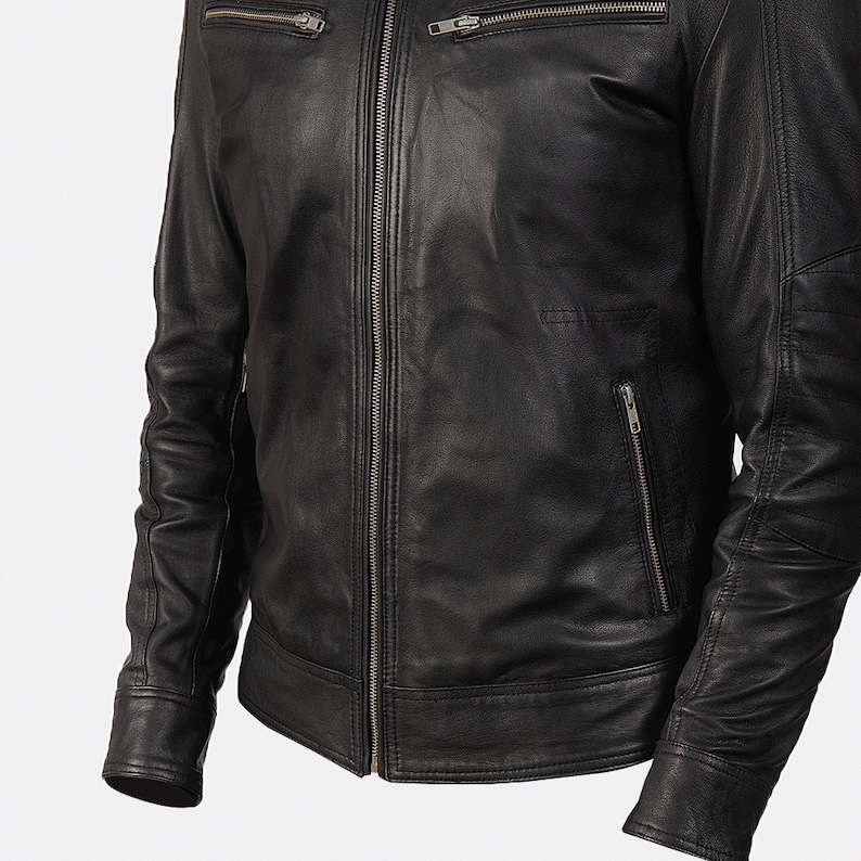 Black Leather Motorcycle Jacket For Men With Zipper Cuffs Black Leather Moto Jacket Cafe Racer Leather Jacket Mens Black Motorbike Jacket