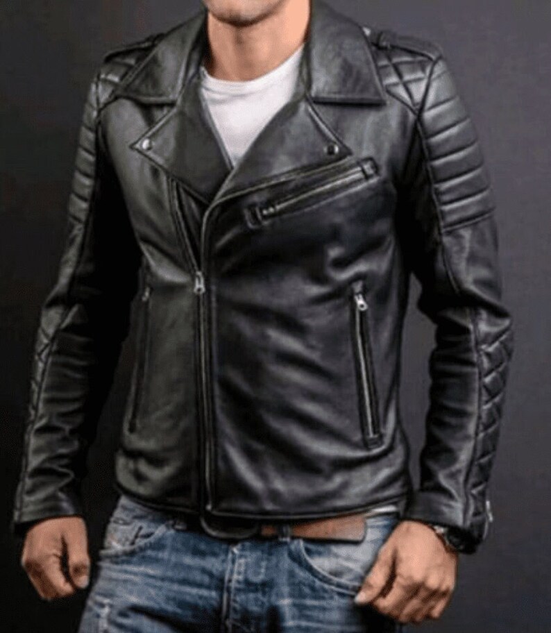 Black Leather Moto Jacket Mens With Quilted Shoulders And Sleeves Mens Black Leather Motorcycle Jacket Black Leather Biker Jacket Sheepskin