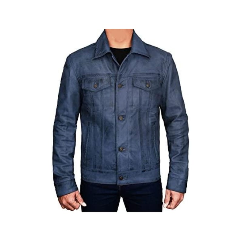 Trucker Blue Leather Biker Jacket Mens With Paneled Design Waxed Motorcycle Jacket Mens Trucker Jacket Blue Biker Leather Jacket Blue Mens