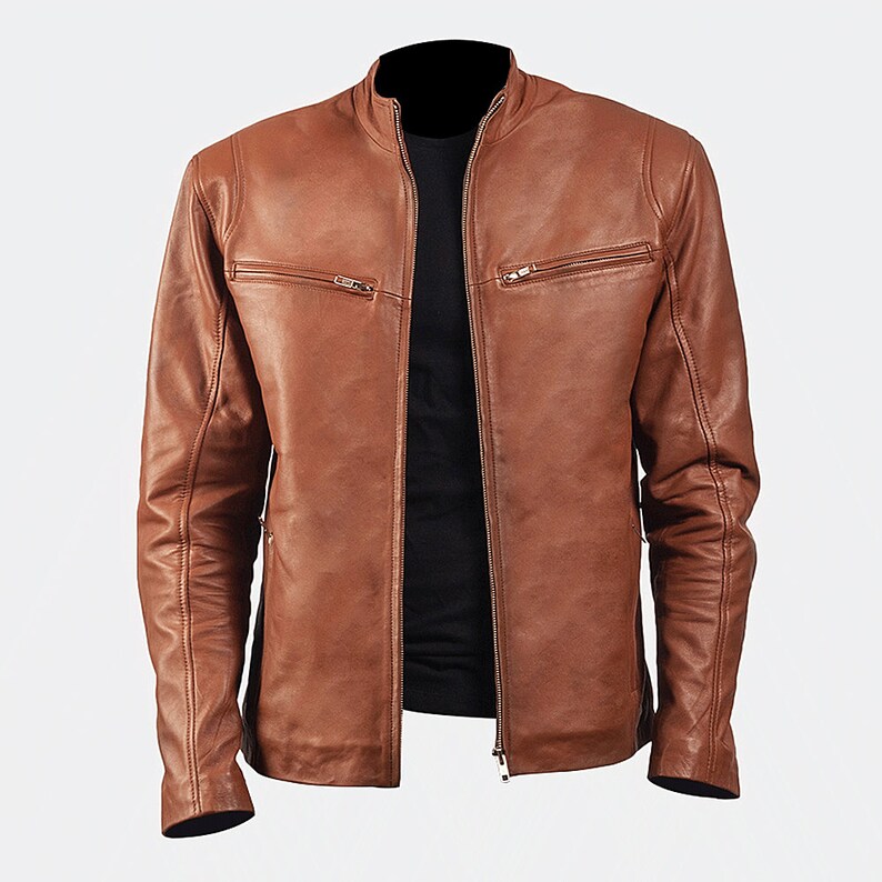 Brown Leather Motorcycle Jacket Mens With Four Zipper Pockets Brown Leather Cafe Racer Jacket Brown Mens Biker Jacket Brown Motorbike Jacket