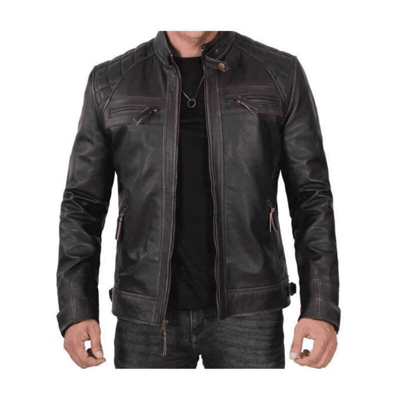 Waxed Black Leather Moto Jacket Mens With Quilted Shoulders Black Leather Motorcycle Jacket Men Cafe Racer Jacket Black Leather Biker Jacket