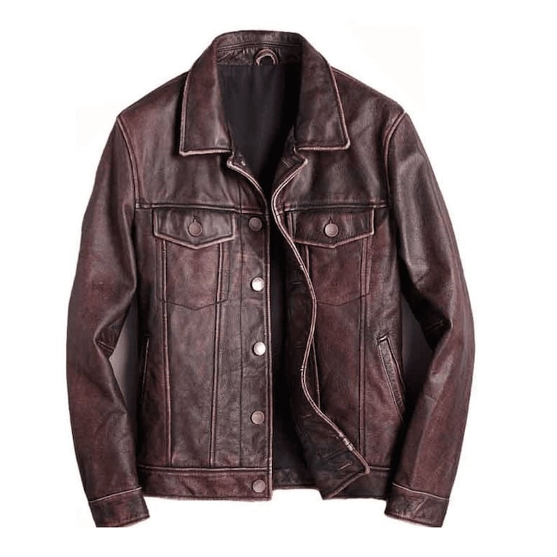 Brown Mens Biker Jacket With Button Closure Brown Leather Motorcycle Jacket Mens Trucker Jacket Brown Mens Brown Leather Cafe Racer Jacket