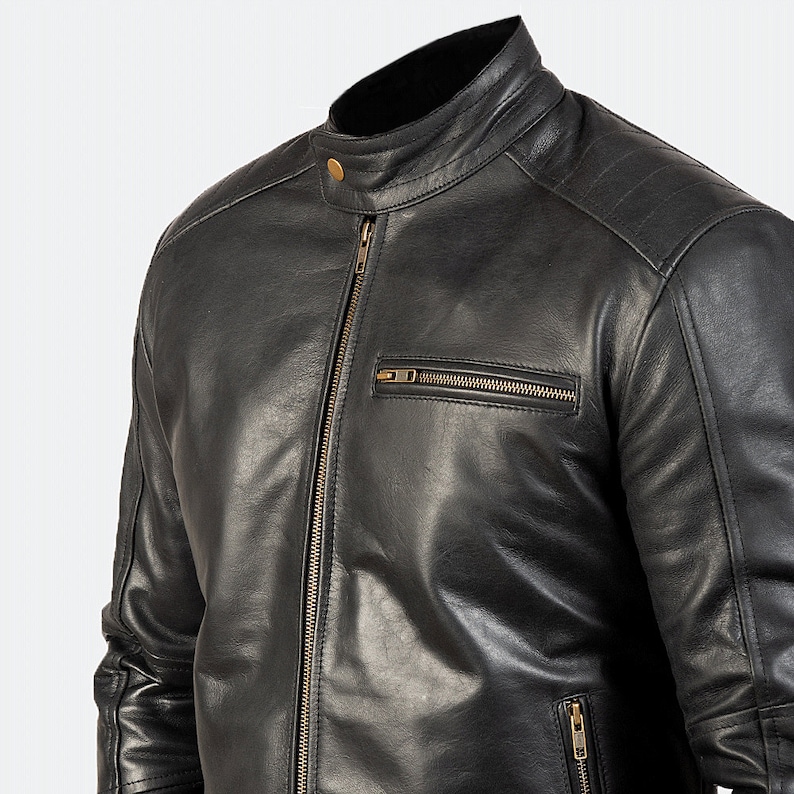 Black Leather Motorcycle Jacket With Snap Button And Zipper Closure Black Leather Moto Jacket Cafe Racer Biker Jacket Black Motorbike Jacket