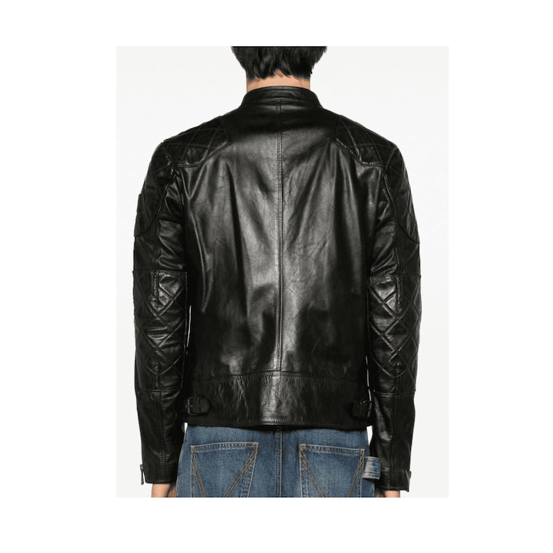 Black Leather Mens Motorcycle Jacket With Waist Adjusters Cafe Racer Leather Jacket Mens Black Leather Biker Jacket Black Motorbike Jacket