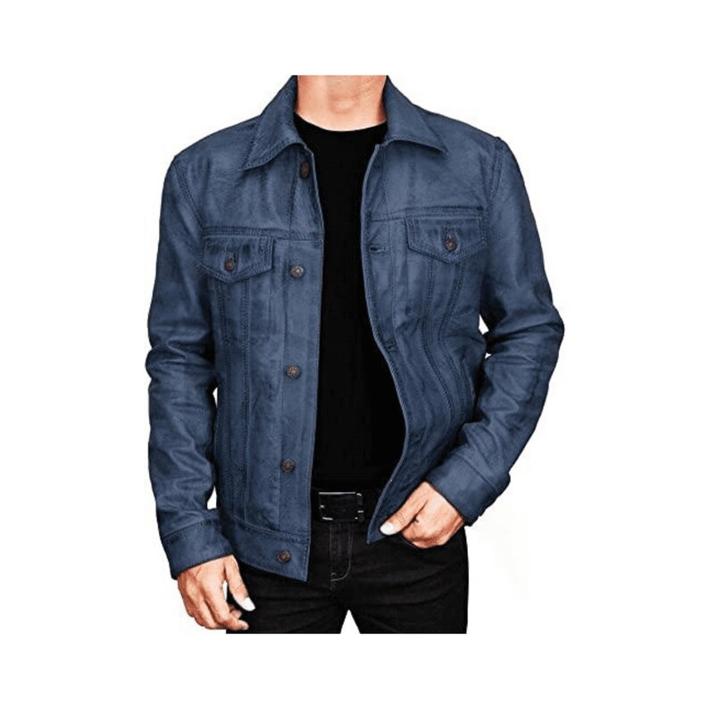 Trucker Blue Leather Biker Jacket Mens With Paneled Design Waxed Motorcycle Jacket Mens Trucker Jacket Blue Biker Leather Jacket Blue Mens